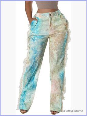 High Waisted Printed Fringe Pants Straight Leg Tassel Pants
